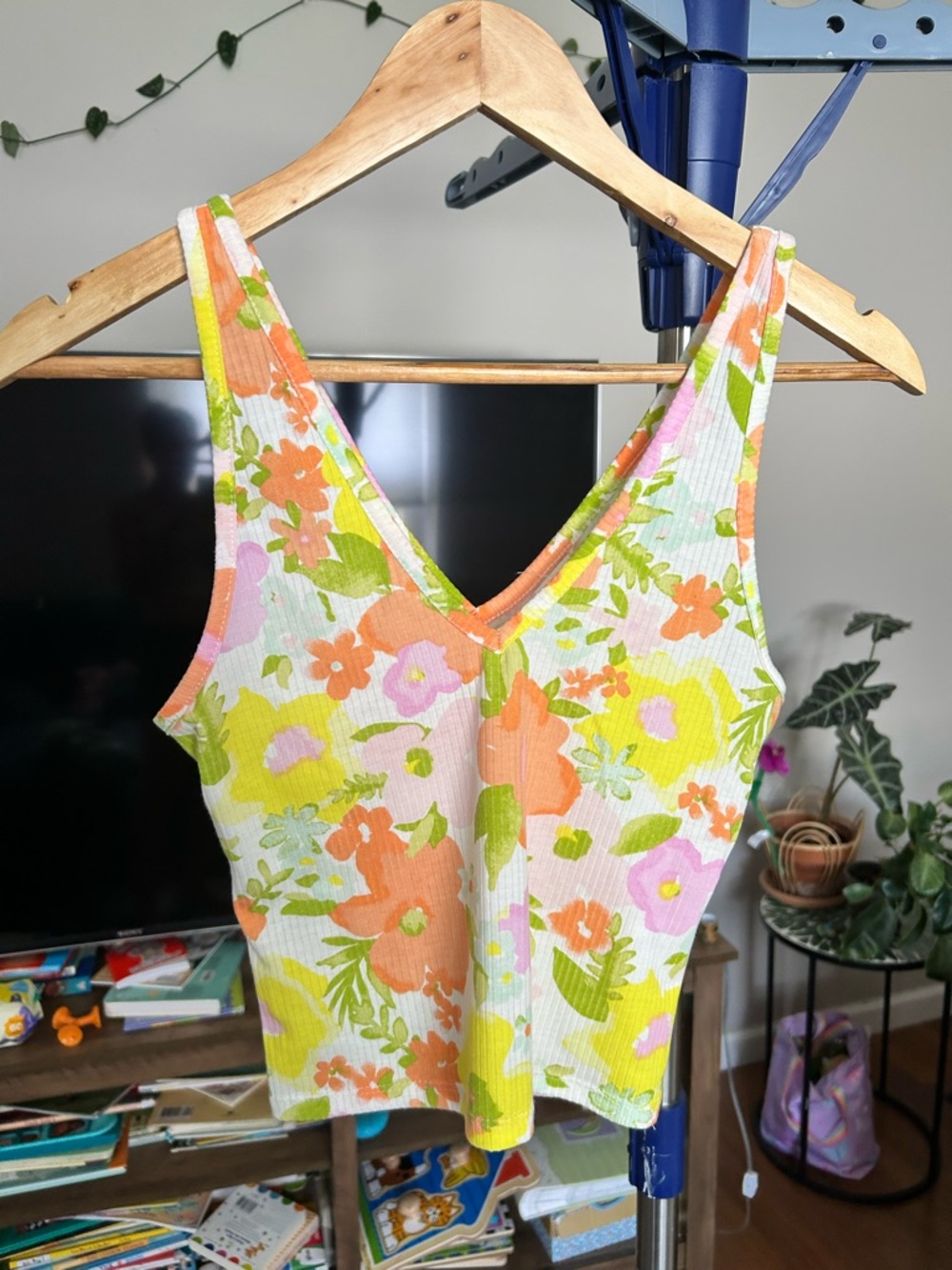 Abound Floral Ribbed V-Neck Tank in Orange, Yellow, Pink & Green